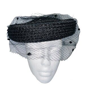 Vintage Womens Hat Black Pillbox Church Netting Bow Wedding Costume Theatre